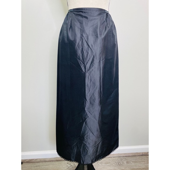 Vintage Vassarette Black Nylon Skirt Slip Women Medium Front Slit Long MCM Femme - Picture 2 of 7